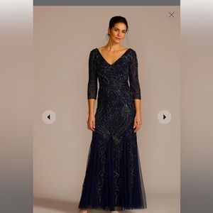 Oleg Cassini gown, blue beaded.  Tulle flare at floor. size 16